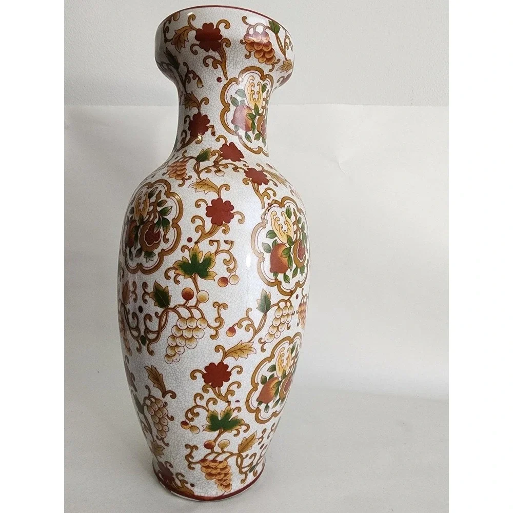Vintage Chinese Crackle Glaze Porcelain Vase Grape Vine Floral Motif 12 Inch
